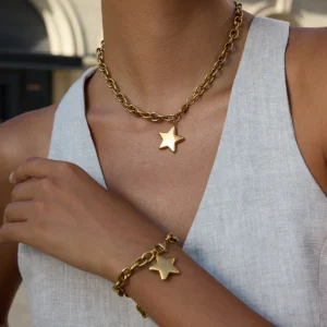 Uworld Minimalist 18K Gold Color Plated Stainless Steel Smooth Pentagram Pendant Necklace Stackable Chain Necklace Women's Jewel