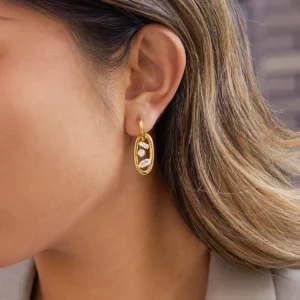 Uworld Classic 18K Plated Gold Color Stainless Steel Geometric Double Ring Earrings With White Zircon Women Waterproof Jewelry