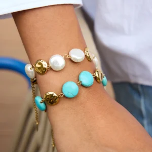 Uworld Vintage 18K Gold Color Plated Stainless Steel Turquoise Coin Round Bracelet Stackable Pearl Bracelet env í os gratis