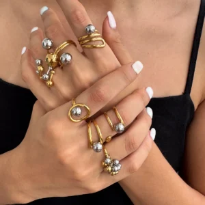 Uworld Minimalist 18k Gold Color Plated Stainless Steel Double tone Line Hollow Steel Ball Ring Personality Statement Stackable