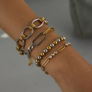 Uworld Minimalist 18K Gold Color Plated Stainless Steel Thick Chain Bracelet Double Color Bead Bracelet Women's Jewelry