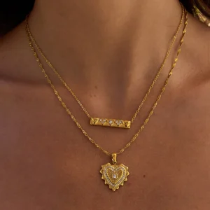 Uworld Simple Classic 18K Gold Color Stainless Steel Rhinestone Ribbed Love Pendant Necklace Stackable Square Necklace Women's J