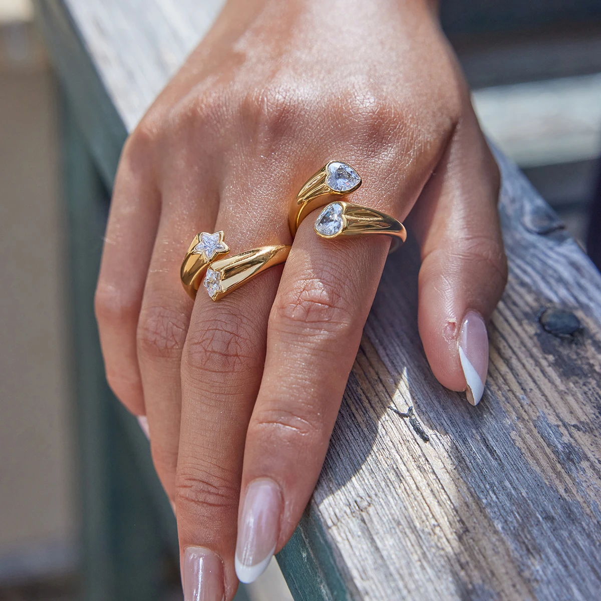 Uworld Minimalist 18K Gold Color Plated Stainless Steel White Heart Shaped Zircon Ring Star Stackable Ring Women's Jewelry - Image 3