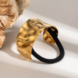 Stainless Steel 18K Gold Plated Hammer Grain Black Rubber Hair Bands Hair Rope Hairbands Ponytails Buckle Hair Accessories