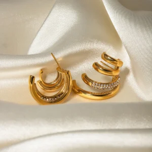 Waterproof Geometric 18k Gold Plated Stainless Steel Four Layer C-shaped Earrings Charm Statement Anti Allergic Jewelry