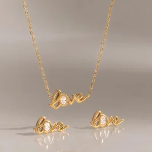 Zora Elegant LOVE Letter Zircon Earring Necklace Set For Women New 18K Gold PVD Plated Stainless Steel Waterproof Jewelry
