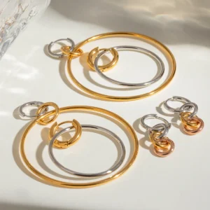 18K PVD Plated Metal Texture Circle Silver with Gold Large Steel Hoop Earrings Stainless Steel Women Prevent Allergy Jewelry