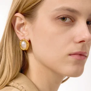 Uworld Vintage Resin Pearl Oval Ear Studs 18K PVD Stainless Steel Gold Color Irregular Geometry Earrings Women's Jewelry