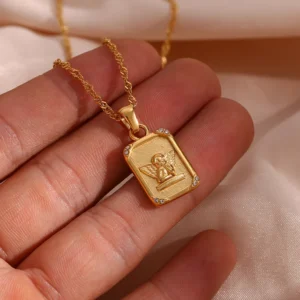 E.B.belle Ladies Fashion Jewelry in Trend 2022 Stainless Steel Gold Plated Casting Angel Tarot Card Pendant Necklace For Women