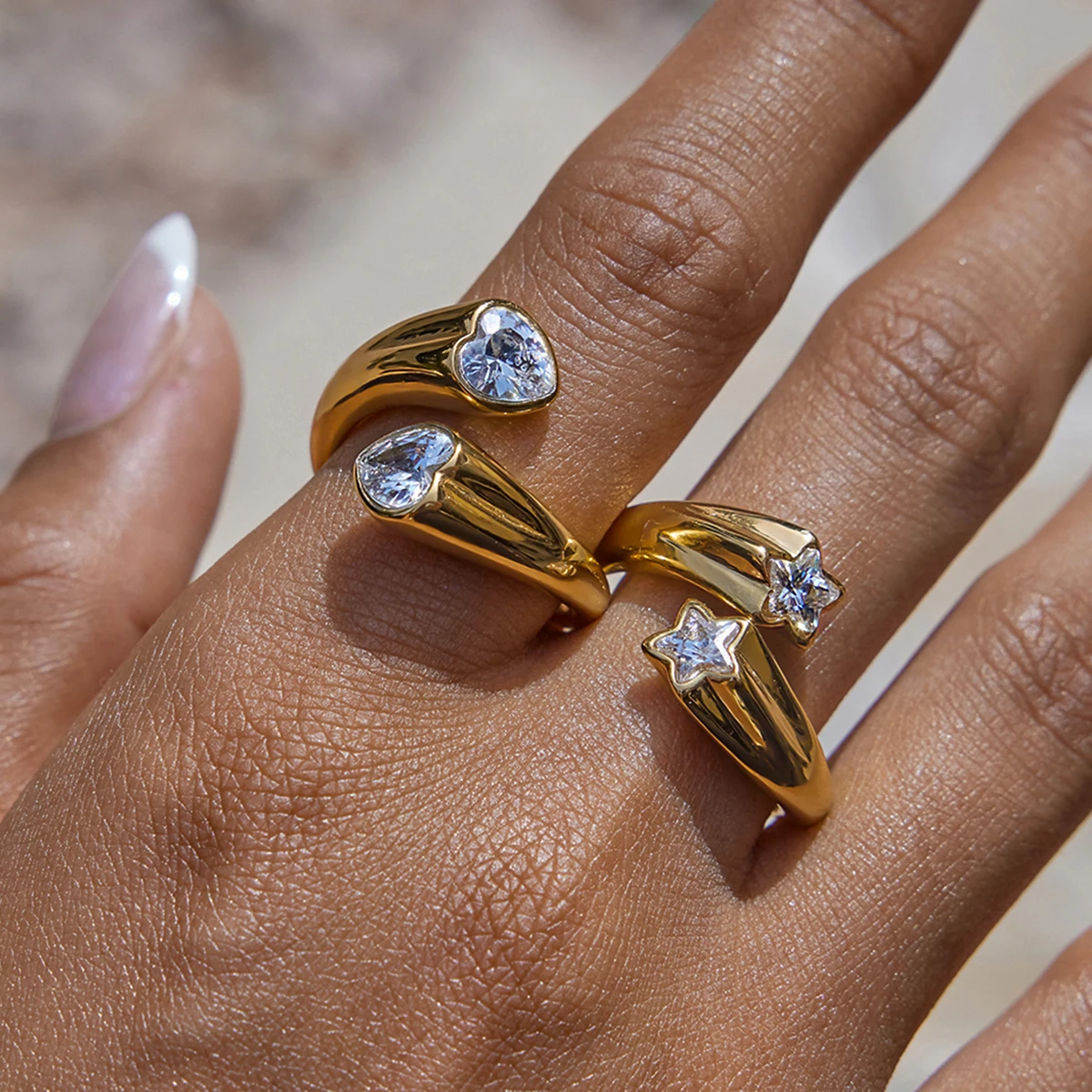 Uworld Minimalist 18K Gold Color Plated Stainless Steel White Heart Shaped Zircon Ring Star Stackable Ring Women's Jewelry - Image 2